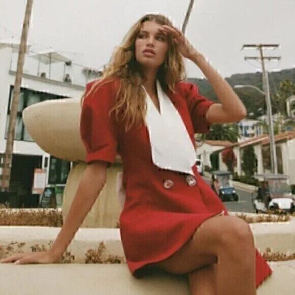 Dresses & Skirts - Crystal Rhinestone Button Bow Back  Red White Blazer Mini Dress L